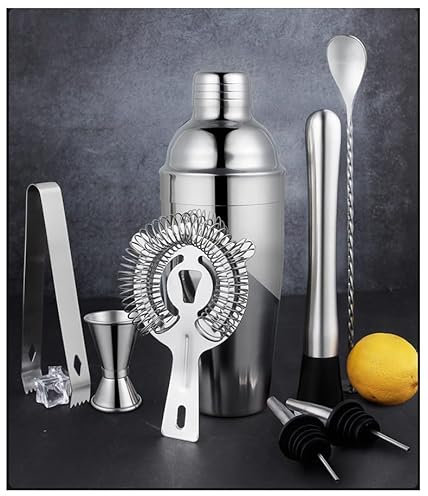 PQETBV Cocktail Shaker Kit en Acier Inoxydable, 8 Pièces Kit Shaker à Cocktail, 750 ML Professionnel kit pour Barman pour Bar, Soirée, Mariage, Célébration(Argent)