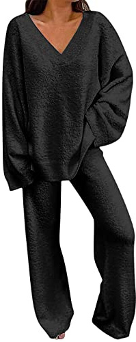 Conjunto de punto para mujer de dos piezas de talla grande - Traje de ocio de invierno de manga larga para mujer - Jogging de algodón de pierna ancha, ropa de estar por casa, conjunto de pantalón