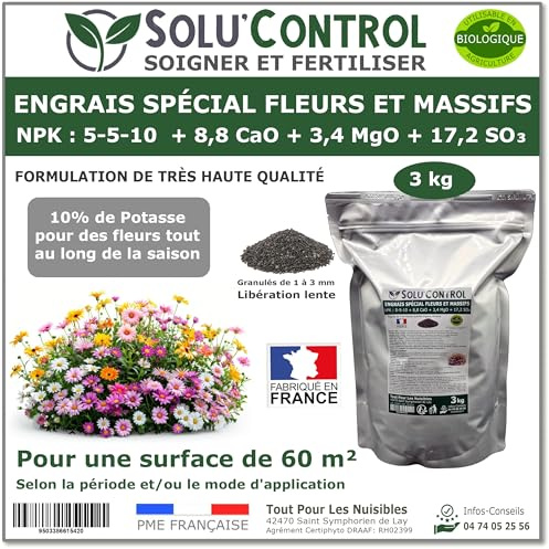 3 kg - Engrais Spécial Fleurs et Massifs NPK 5-5-10 - Favorise une floraison abondante, éclatante et durable - Utilisable en Agriculture Biologique (UAB) - Fabriqué en France