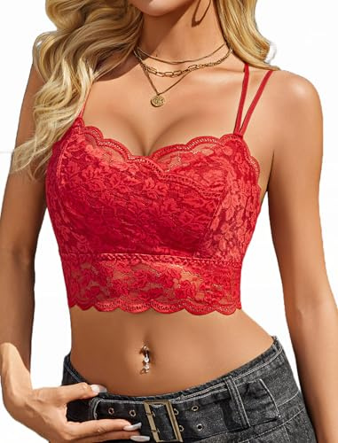 Avidlove Femme Camisole Dentelle Bustier Sexy Crop Top Bretelles Spaghetti Bralette Camisole Col V sans Manches Haut Festival Fête Vin Rouge S