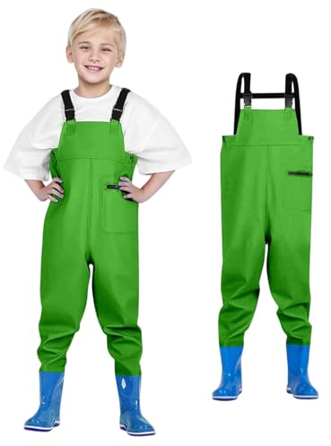 Generisch Kinder wasserdichte Wathose mit Stiefel - Anglerhose mit Verstellbarer Schultergurt Outdoor Kinderrutschfest Bootfoot Gummi Watstiefel für Kinder Jungen Mädchen(#01-02, 5-6 Jahre)