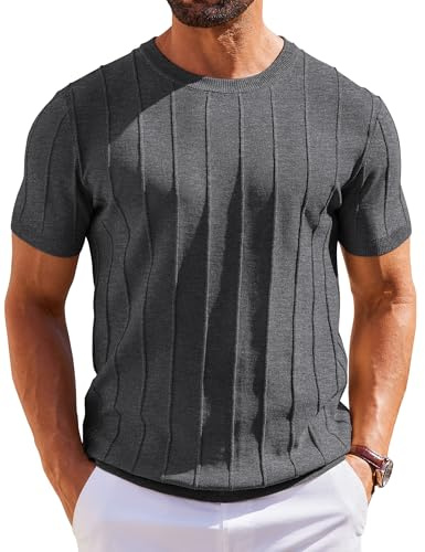 COOFANDY Tee Shirt Homme col Rond T-Shirt Tricoté à Manches Courtes Pull D'été à Rayures T Shirt Décontracté Shirt