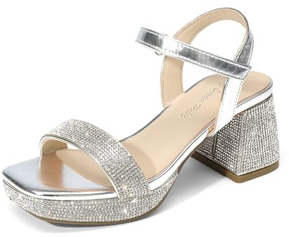 DREAM PAIRS Girls Chunky Heel Sandals,Silver-Metallic,13 Little Kid