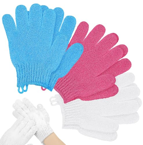 AYBUY 6 st exfolierande handskar, bad- och kroppsexfoliatorvantar för kvinnor och män, dusch kroppsskrubbhandskar för dusch, spa, massage, död hudborttagare (sjöblå + vit + rosenröd)