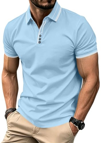 QAUN Polo Shirts for Men Adult, Summer Polo T Shirts Men Casual Short Sleeve Golf Outdoor Sport Shirt Summer Breathable Work Tops with Button Blue