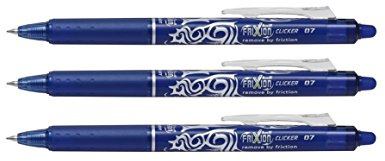 Pilot Frixion Clicker 0.7mm Tip Erasable Ink Gel Pen Tattoo Design Blue Ink (Pack of 3) Supplied Loose