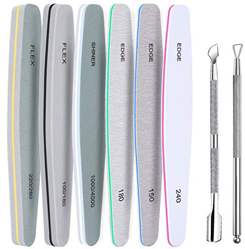 FANDAMEI 6 Pcs Lime à Ongles Professionnelles, Limes à ongles Kit, Lime à Ongles, Double Faces Polissage Ponçage, avec 2 Pcs Pousse Cuticule Metal, Pour la manucure, la maison et un salon