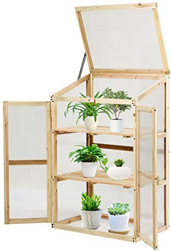 COSTWAY Mini Serre en Bois 60x45x100CM Vitrages Transparents en Polycarbonate Plateau Supérieur Amovible avec Etagères à 3 Niveaux pour Jardin/Balcon/Porche