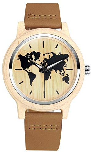 SUBBRO Montre Analogique Quartz Carte du Monde Bois Hommes Femmes