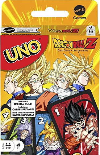 Mattel Games Juego de Cartas Nocturno Familiar UNO Dragon Ball Z gráficos temáticos de programas de televisión y Reglas Especiales para 2-10 Jugadores