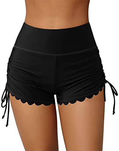 Badshorts för dam kort baddräkt med hög midja boxerbyxor för strand simning sport, svart, S