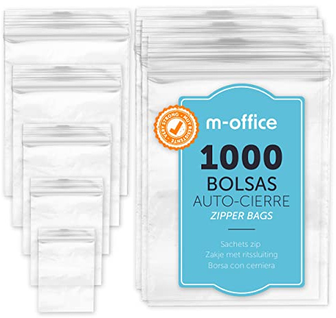 Bolsas con Cierre Hermético, Bolsas Zip de Plástico Transparentes Ideales para Congelar Alimentos, Guarda Documentos, Bolsas Reutilizables y de Conservación · m-office (80x120mm, 1000unds)