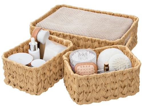GRANNY SAYS Körbchen Aufbewahrung Geflochten, 1 Stück Groß Korb Aufbewahrung und 2 Stück Klein Regalkörbe, Körbe Geflochten Aufbewahrung Badezimmer, Woven Storage Baskets, Flechtkörbe - Naturgelb