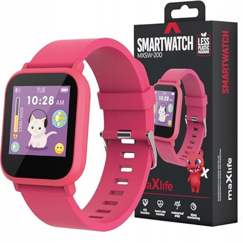Maxlife smartwatch Kids MXSW-200 blå app Fit4Kid, 4 sportlägen, sömnövervakning, mångsidig användning, vattentät IP68, pulsövervakning, meddelanden, 4 urtavlor av klockan, väder, rosa