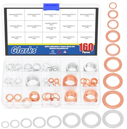 Glarks 160pcs Copper & Aluminum Oil Drain Plug Crush Washer Gasket Assortment, M6 M8 M10 M12 M14 M16 M18 M20 Copper Crush Washer and Aluminum Oil Plug Gasket Set