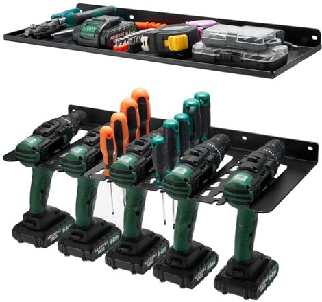 Sinoer Elektrowerkzeug-Organizer, 2 Schichten, 5 Bohrerhalter und 1 solide Bodenregale, Metall-Premium-Garagen-Werkzeugregal, Geschenk für den Mann Akku-Werkzeugaufbewahrungsregal