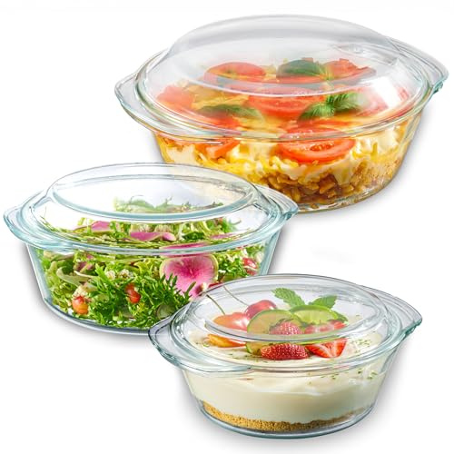 Le'raze 6-Piece Glass Tureen Dishes for Oven - Durable Borosilicate Glass Bakeware Set with Lids, Microwave Safe, Versatile Round Covered Baking Dishes. Clear Lead-Free Casserole Cookware.