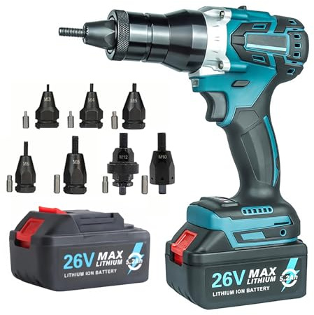 Bleockth Cordless Electric Rivet Nut Gun Set, Automatic Riveter Portable Pulling Blind Riveting Nut Gun Rivet Tools, Equipped with 26V batteries, Ideal for M3 M4 M5 M6 M8 M10 M12 Nuts-5200mah