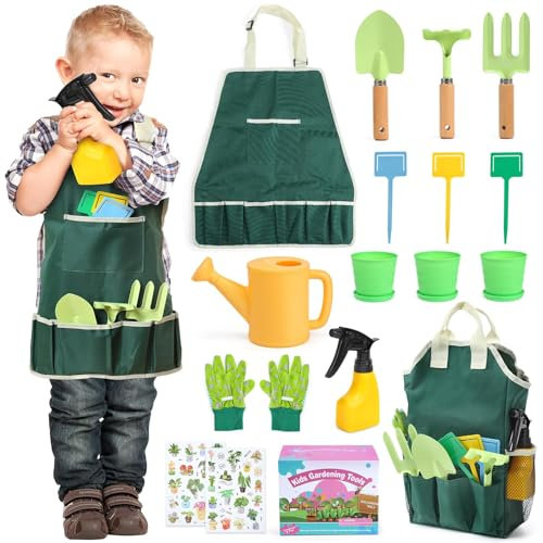 Cute Stone Herramientas Jardineria Kit niños, Juguetes de Jardín Niños con Bolsa de Jardín, Regadera, Pala, Rastrillo, Guantes, Delantal, Pegatinas DIY, Juego de Jardín Niños Jardín de 2 Años