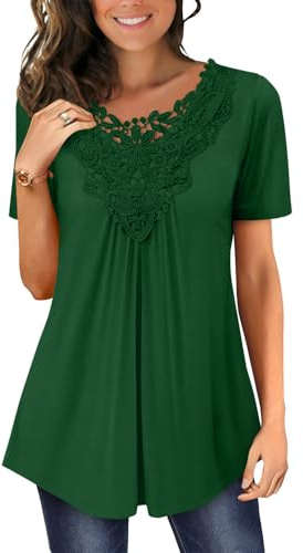 Magritta Women Shirt Summer Ladies Blouses Plus Size Short Sleeve Lace Crewneck Tunic Tops Work Trendy Loose Swing Tops for Leggings Green X-Large