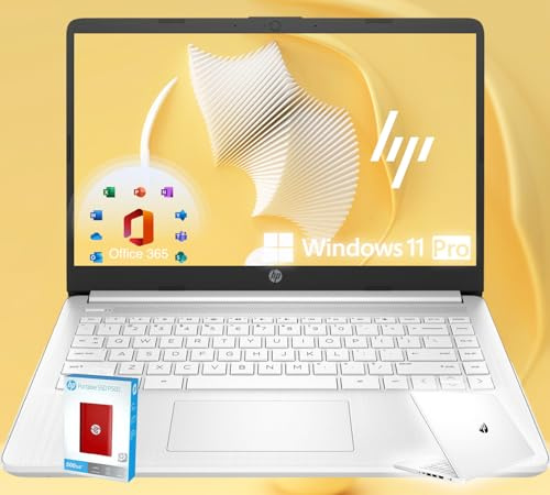 HP 14 Ultrabook • Intel 4-Core CPU • Back to School Limited Edition with Microsoft 365 • 32GB RAM • 1600GB Storage (64GB OnBoard withHP 512GB P500 Portable SSD + 1TB OneDrive) • Win11 Pro • Snow White