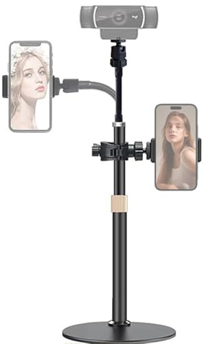 Tentucro 2-in-1 Webcam Stand Phone Holder Desktop Flexible Live Stream Stand Camera Video Mount for Cell Phones, Logitech Webcam C922 C930e C920S C920 C615, Etc. (1/4 Threads)