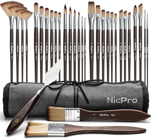 Nicpro 32-teiliges Pinselset, professionelle Pinsel Malen mit Farbspatel, Stoffrolle, Borstenpinsel, Künstlerpinsel für Acryl-, Öl-, Aquarell- und Gouachemalerei, Malpinsel für Künstler und Anfänger