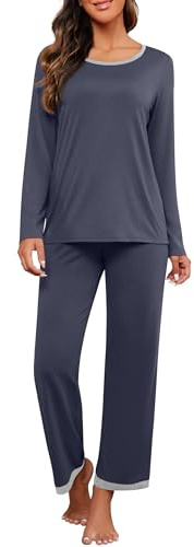 PrinStory Conjunto de pijama para mujer, camiseta de manga larga y pantalones, ropa de dormir suave, gris oscuro, L