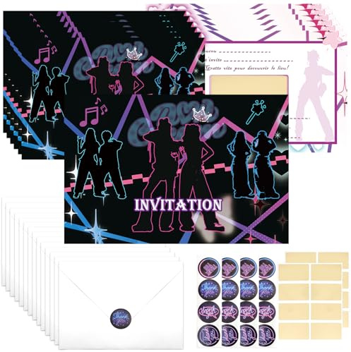 Scettar 12 Cartes d'Invitation Anniversaire Thème Kpop avec Enveloppes,Carte Invitation Anniversaire Thème Néon,Carte a Gratter et Autocollants de Scellement Ronds