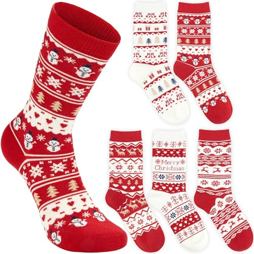 BRUBAKER 5 Par Julsockor för Damer - Julstrumpset med Norskt Mönster - Ren & Snögubbe - Vintersockor i Bomull - Perfekt Sockset för Julen - Röd & Vit - Perfekt Present för Kvinnor - Storlek 36-41