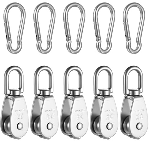 5 Pcs M20 Single Pulley Block, M20 Crane Pulley Block Set, 360 Degrees 304 Stainless Steel Swivel Pulleys Wheels with 5 Pcs M6 Spring Hooks, Heavy Duty Rope Rollers for Lifting, Loading up to 75KG