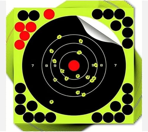 100 CIBLES-20cmX20cm-Cible adhésive réactive -Haute visibilité Splash Effect Hallo Jaune Fluo réactif Autour de l'impact-tir de Loisir, Stand -Stickers de masquage Inclus, Plomb, 22LR, Airsoft