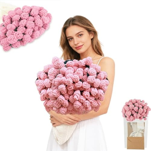 sykart 63 Inch Crochet Flower Bouquet Blanket, Handmade Knitted Blanket with 99 Rose Flowers, Ideal Birthday Wedding Anniversary for Women Mom, Wife, Girlfriend (Pink Rose)