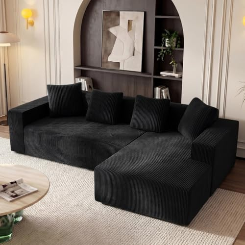 Yihomfy 261cm Divano angolare modulare, divano in L 3 posti con 4 cuscini, divano modulare, divano compresso per soggiorno, divano nuvola con chaise longue, Nero