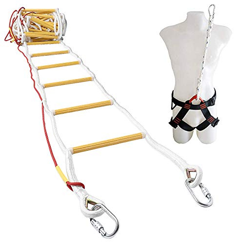 ISOP Escalera de Emergencia contra Incendios 10m - Escalera de Seguridad Resistente a Las Llamas con Mosquetones, Cable de Seguridad y Cinturón de Seguridad - Reutilizable - Escalera Portátil