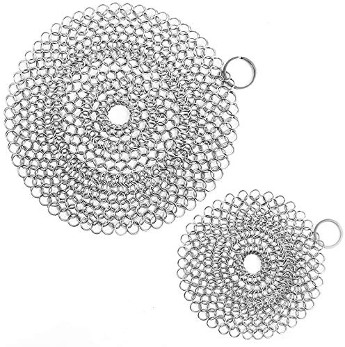 ONEEKK Gjutjärnsrengöringsmedel, 2-pack rostfritt stål kedjepostskrubbare för gjutjärn panna gryta stekpanna borste skrapskrapskrapare (17,7 cm och 5 tum rund).