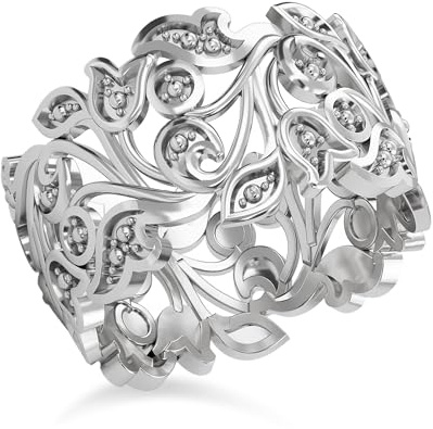 TJC Silver Rings for Women 925 Sterling Silver Leaf Vine Ring, Nature Inspired Wide Band Thumb Ring with Diamond Accent, Statement Ladies Ring, Platinum Plated Womens Jewellery Gift Size R