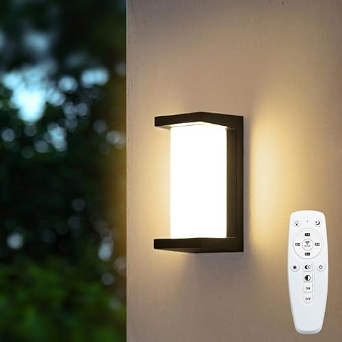 ZYI Modern Outdoor Wall Lights,18W LED Sconce Aluminum Matte Black House Light,IP65 Waterproof for Courtyard, Garage, Terrace, Porch, Stairs (Black, with remoter)