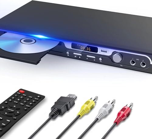Maite 1080P HD DVD Player für TV, HDMI DVD Player mit doppelten Mikrofoneingängen, Region Free DVD Player Support USB Input HDMI/AV Output, Metal Button und Dolby Sound