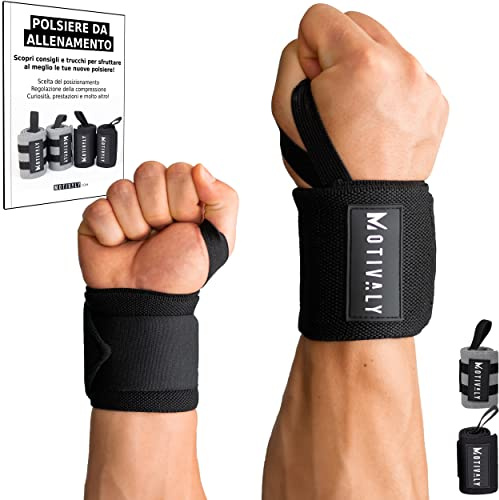 Motivaly Polsiere Palestra - Coppia Polsini Sollevamento Pesi - Fasce di Protezione e Supporto Polso per Allenamento Bodybuilding, Calisthenics, Crossfit | Ebook Gratis | Taglia M [45cm], Nero