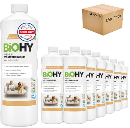 BiOHY Nettoyant premium pour tissus d'ameublement (12 x 1l Bouteille) | Bio concentré pour meubles rembourrés, canapés, tapis & textiles | détachant désodorisant (Premium Polster)