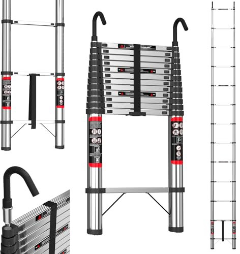 Escalera telescópica de 5 m con Gancho de Acero Inoxidable, Plegable, Antideslizante, diseño telescópico, portátil, Ligera, Capacidad de Carga de 150 kg EN131