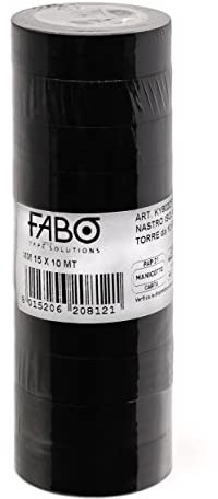 Fabo 10 Rotoli Nastro isolante per elettricisti, 1.5 cm x 10 metri, Nero, Svolgimento Silenzioso, Resistente Al passaggio di Corrente Elettrica, Si Strappa con le Mani