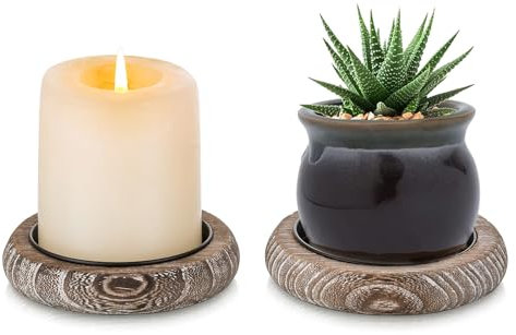 Inweder Wooden Candle Holders Pillar Candle holder: Set of 2 Whitewash Candle Plate Farmhouse Candle Holder Tray Small Rustic Candle Holder for Table Centerpiece Wedding Christmas Event Home Decor