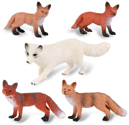 Gukasxi 5 figuras de zorro, modelo de acción de zorro salvaje realista, juguetes de zorro salvaje en miniatura, juego de decoración de escritorio, decoración de cumpleaños para niños, juguete