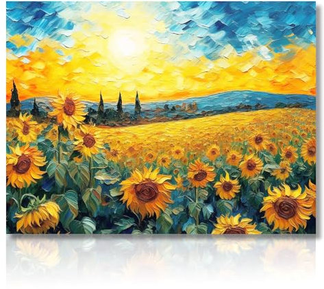 Stampe su Tela di Arte Botanica d'Epoca, Pittura ad Olio di Girasole all'Alba Blu, Poster da Parete di Arte Rustica Estetica per Camera da Letto Soggiorno 30x40 cm Senza Cornice