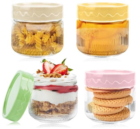 Overnight Oats - Juego de 4 tarros de cristal para avena, 250 ml, tarros de cristal para yogur, pudín o ensalada