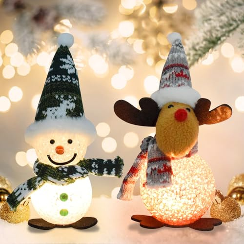 Decoración navideña para interiores, decoración navideña, muñeco de nieve, figuras de Navidad, muñeco de nieve, decoración con luz LED, funciona con pilas, decoración de mesa, muñeco de nieve para