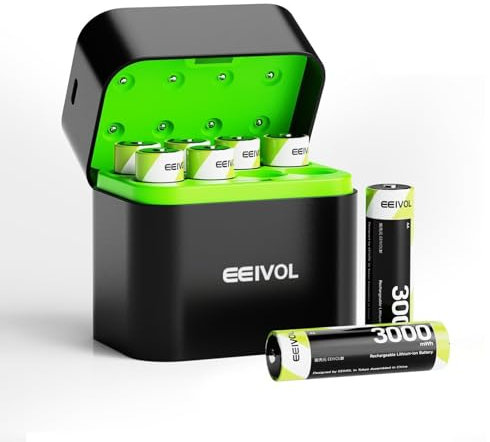 GREENOE Rechargeable Lithium Batteries AA with Charger, High Capacity 1.5 V AA Batteries (Charger with 8 x 3000 mWh AA)