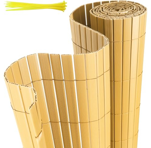 Jaxguom Pellicola frangivista in PVC, 90 x 500 cm, con fascette, lamelle rinforzate, protezione dal vento per balcone, giardino e terrazza, in bambù